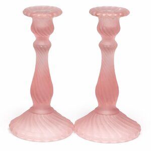 Vintage Pink Satin Glass Candlesticks Pair | Frosted Spiral Column Decor